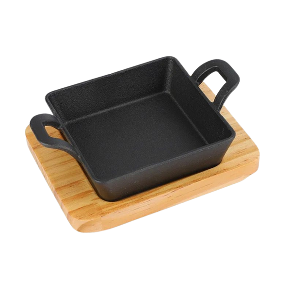Cast Iron Square Grilling Pan with Pine Wood Base