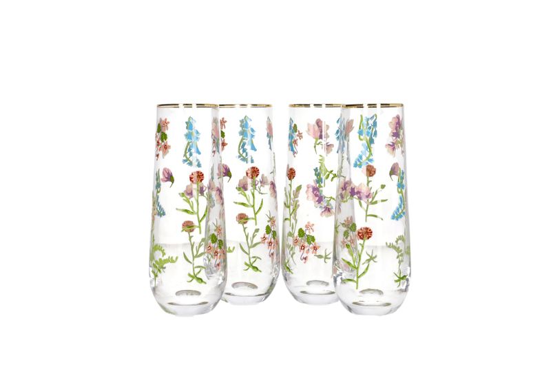 Danny home Stemless Champagne Glasses with Flowers Design - 4pcs,-15.7cm