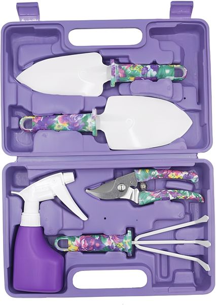 5 Pieces Floral Print Gardening Tools With Carrying Case
