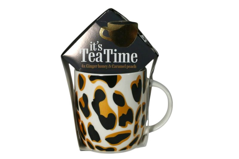 Porcelain 400ml Tea Mug Cheetah Prints with 4 Ginger &amp; Honey Teabags