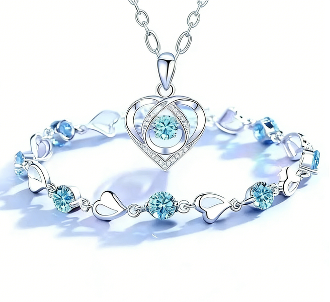 Ocean Heart Jewellery Set Blue Crystal Heart Necklace &amp; Bracelet for Women