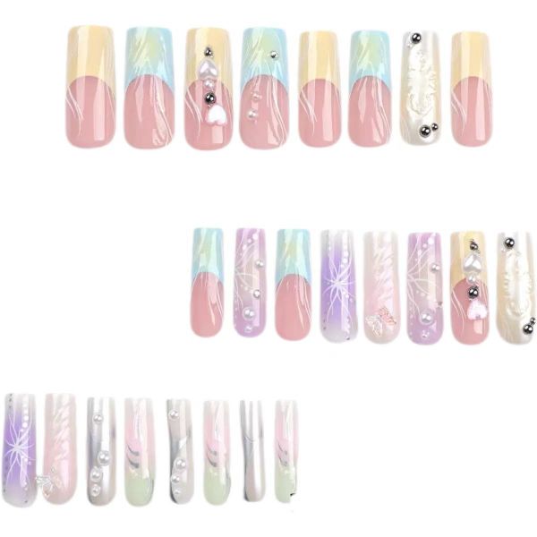 Nails Long Square Fake French False Nails With Butterfly Design Nail