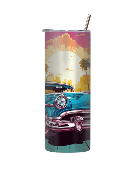Pink 20 Oz Tumbler with Lid Straw Trendy Old Vintage Car Graphic Present210