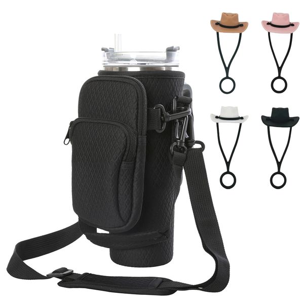 Textured Water Bottle Carrier - 1L with Pocket and 4 Piece Straw Cap Cover