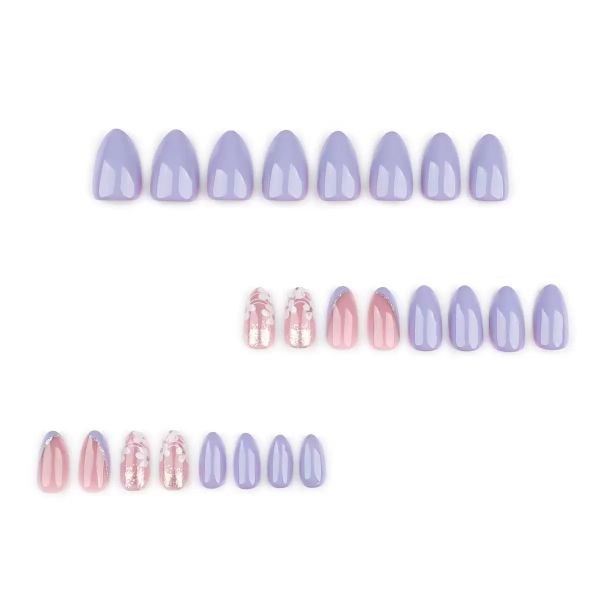 Minimalist Purple And Pink Nail Art Paired With Floral False Nails