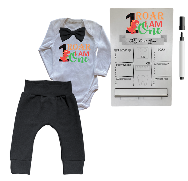 First Birthday Outfit-Long Sleeve &amp; Milestone sign-Roar 1