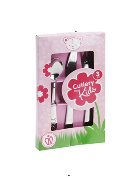 3-Piece Stainless Steel Cutlery Set - Bear Embossed Design - PINK