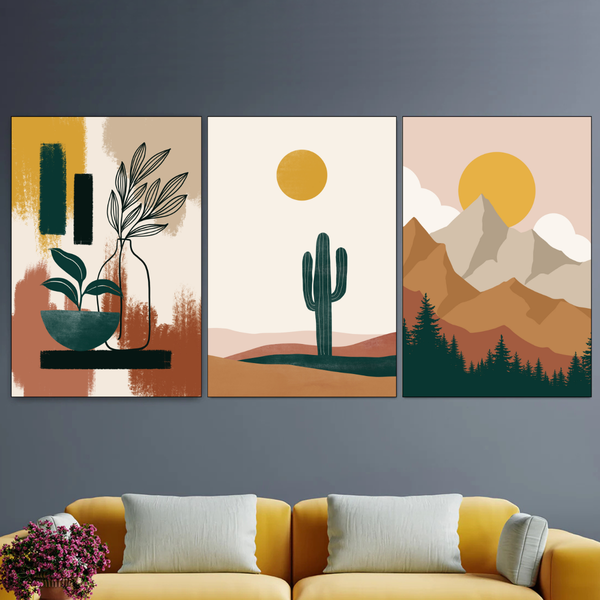 Mounted Wall Art Decor Prints - Set of 3 - Boho Style Art - 28x40cm