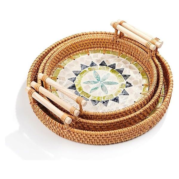 Round Rattan Tray with Shell Mosaic with Handles - Set of 3