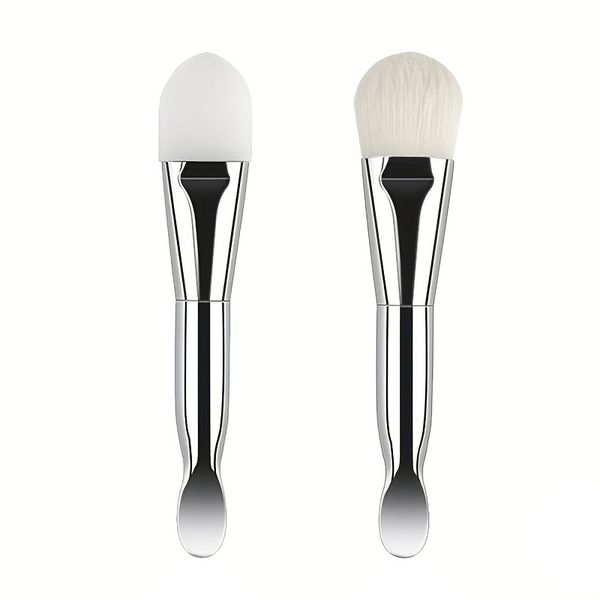 Silver Double-sided Silicone Facial Mask Brush And Spatula, Face Mask Brush