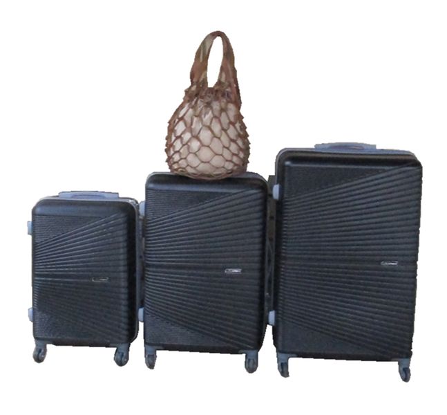 Black 3-Piece ABS Trolley Case Set with Brown Lady Travel Bag