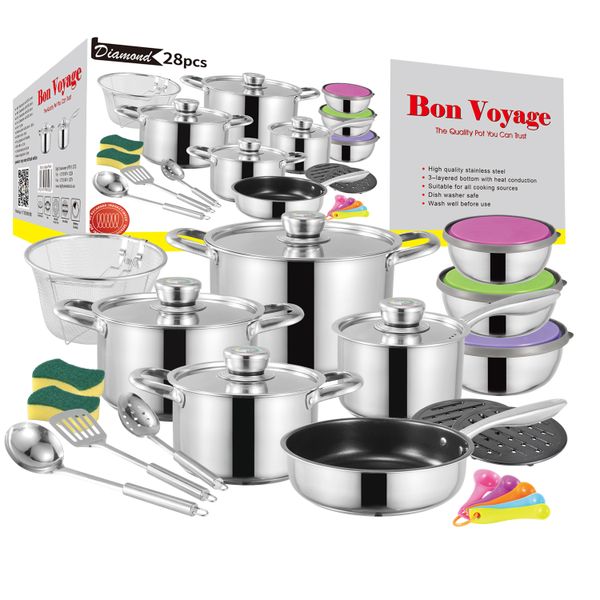 Bon Voyage Diamond 28 Piece Stainless Steel Cookware Heavy Bottom Pots Set