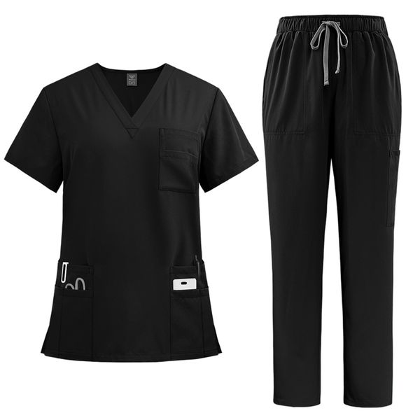 Scrubs Set with V-Neck Multi Pocket Shirts and Straight Pants for Women