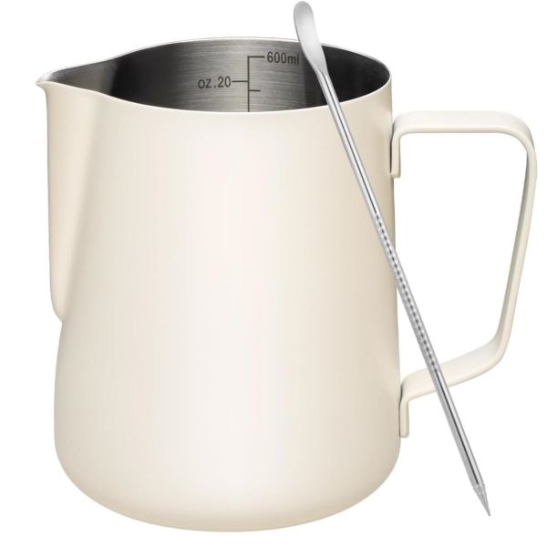 Milk Frothing Jug, Metal Milk Frothing Pitcher with Latte Art Pen - White