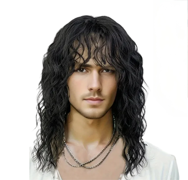 IPSTYLE Synthetic Natural Black Wig Long Curly Hair Men Daily Use18 Inch