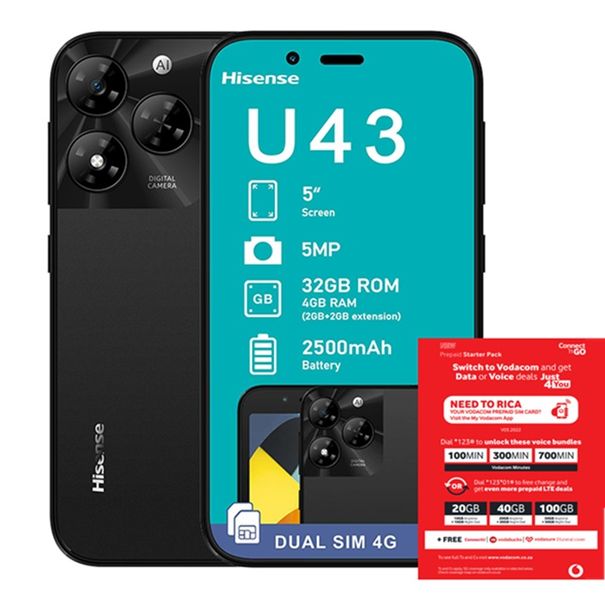 Hisense U43 32GB LTE Dual Sim - Black(NL) + Vodacom SIM Card Pack