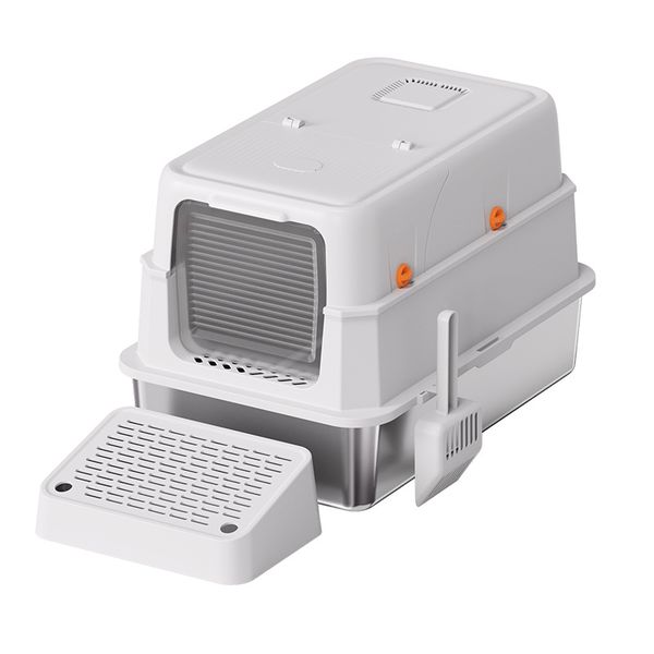 Large Stainless Steel Enclosed Cat Litter Box with Catching Step