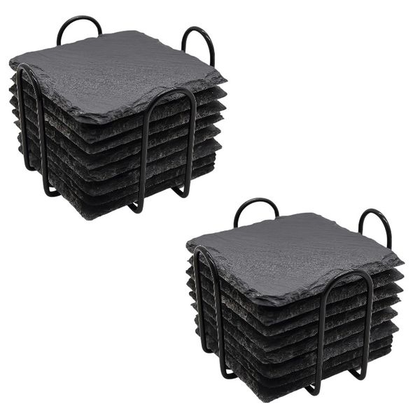16 Piece - Natural Slate Coaster Set With Metal Holder - Black