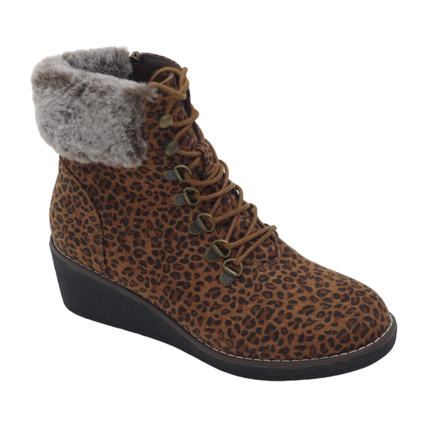 Lamara Paris Zircon Nubuck Pu Lace Up Wedge Ankle Boot Leopard