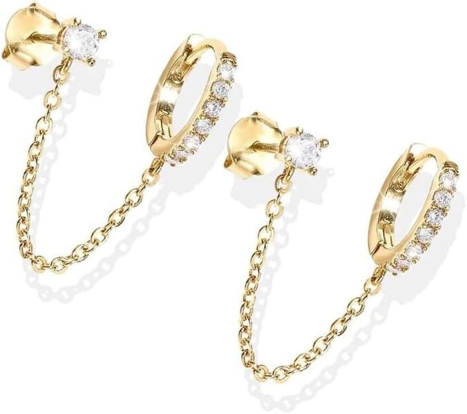 Women's Double Piercing Dangle Chain Huggie Hoop Cubic Zirconia Pearl Stud
