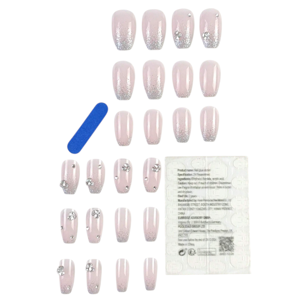 24 Piece Rhinestone Elegant Accent Coffin Nails Set - Pink Gradient