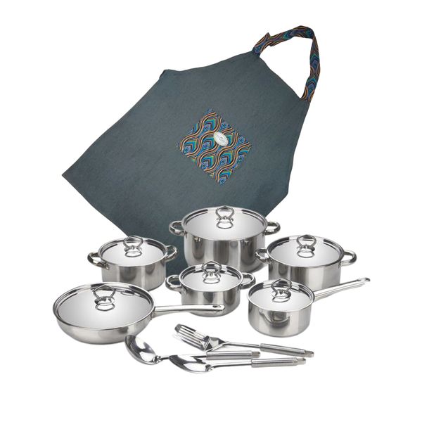 Silkinder 15 Piece Stainless Steel Cookware set with Shwe Shwe Design Apron