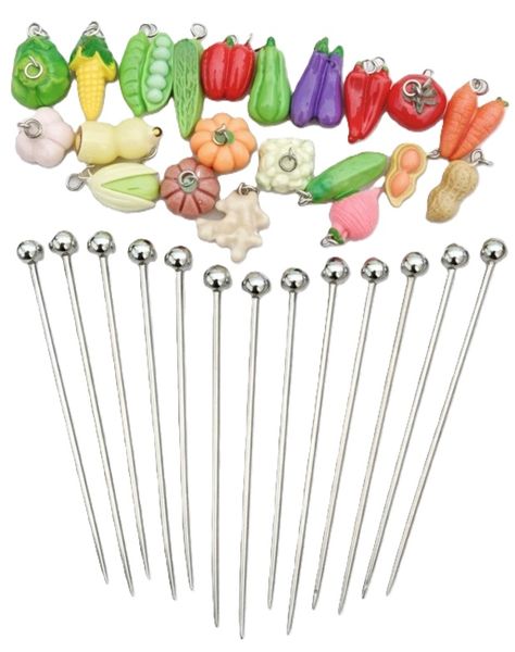 Reusable Stainless Steel Food/cocktail picks with 20 Removable Charms