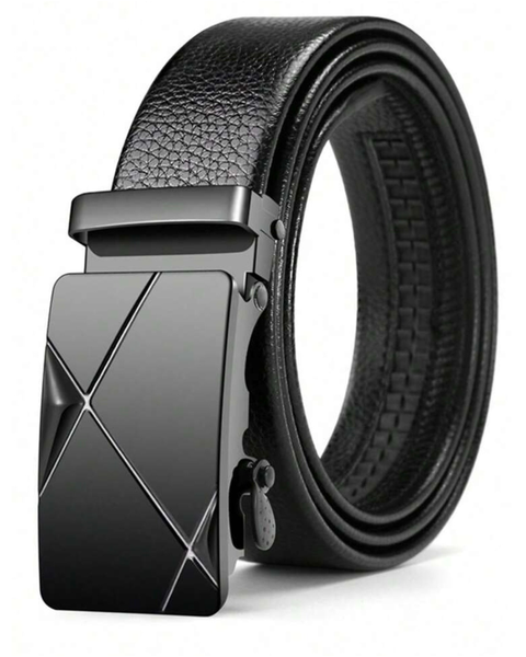125cm Black Leather Ratchet Belt &amp; 2 Double X-Stripe Auto Buckle
