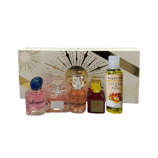 Mystical White &amp; Gold Perfume Set with Argan Oil