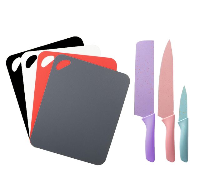 Pastel Corrugated Kitchen Knife and Flexible Cutting Mat Set - 7 Piece.