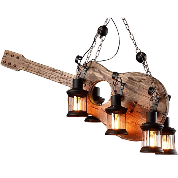 Hanging Wooden Guitar Chandelier With 6 Lights