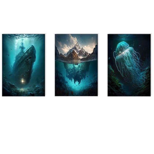 Canvas-Art-3 Pieces Dark Blue Sea and Mountain ,Dark Pirates Ship Wall Art I