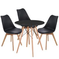 Modern Wooden Round Dining Table with 3 Set of Soft Padded Chairs Set-Black