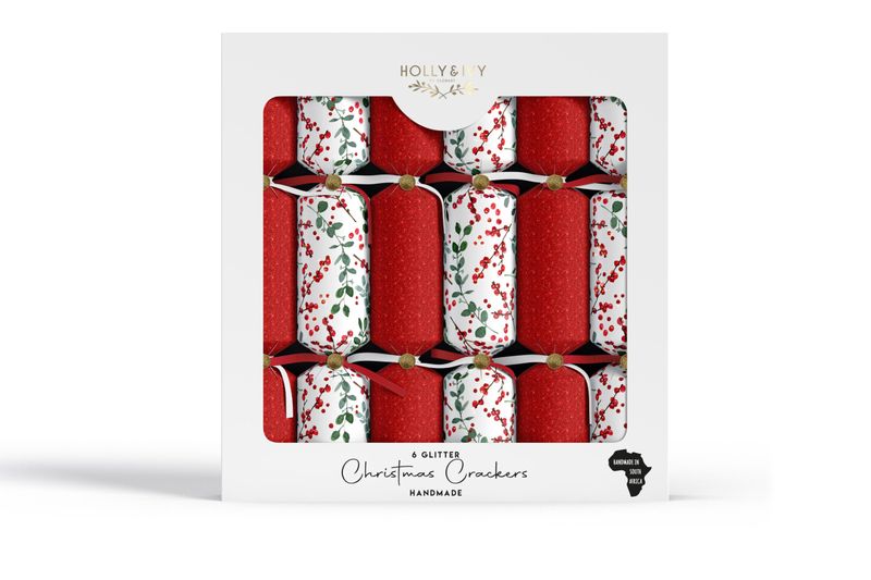 Holly &amp; Ivy Christmas Crackers - Luxury Glitter Washed Berry Sprigs
