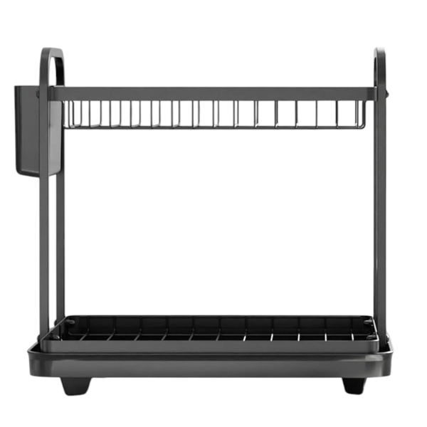 2 Tier - Large Dish Drying Rack with Drain Tray &amp; Utensil Holder - Black