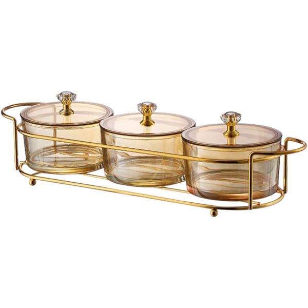 Luxury 3 Compartment Dried Fruit Serving Bowls With Lid &amp; Tray - Amber/Gold