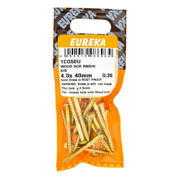 EUREKA Wood Screw Round Head Solid Brass 4 x 40mm Q:20 1CG50U