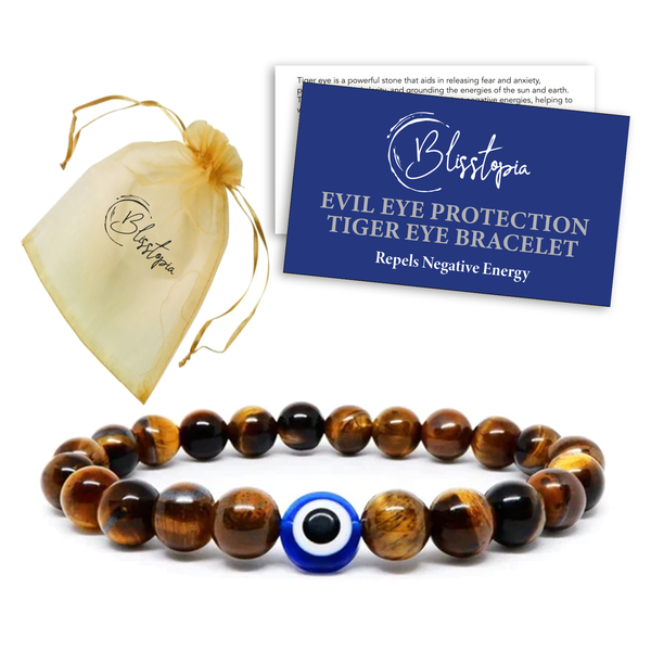 Evil Eye Protection Tiger Eye Bracelet with Gift Bag &amp; Info Card - 6mm