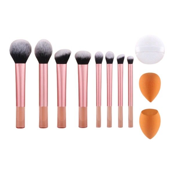 11-Piece Makeup Brush Set With Orange Beauty Sponges - Pink