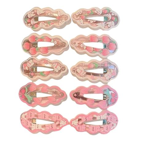 10Piece Whimsical Kids Bunny And Tulips Print Wavy Edge Hair Clips - Pink Image