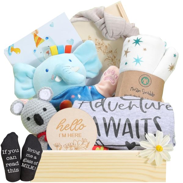 Unique New Mom Gift Basket In Wooden Box Newborn Baby Boy Baby Shower Set