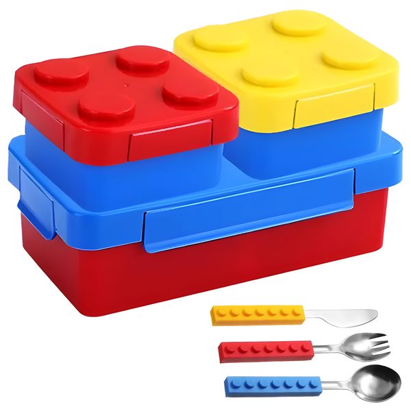 Kid's Stackable Brick Snack Lunch Boxes Set &amp; Matching Cutlery Set