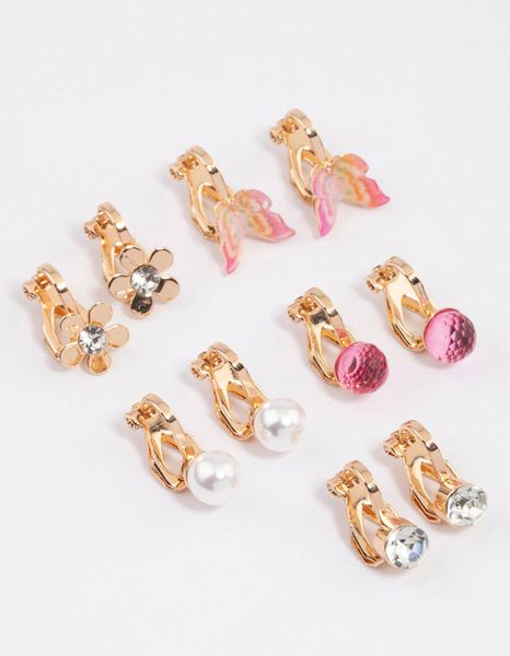 Gold Flower &amp; Butterfly Clip On Earrings 5-Pack