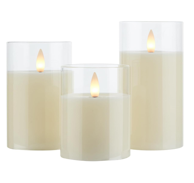 Real Wax Battery Operated Flameless Pillar Candles with Timer Clear Glass