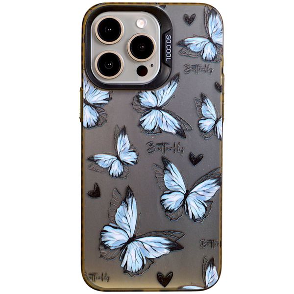 Phone Case with Blue Butterfly Print for iPhone 15 Pro Max - Silver Chrome