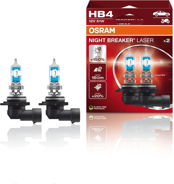 Osram Night Breaker Laser HB4 12V 51W Halogen Headlight Bulbs - 2 Pack