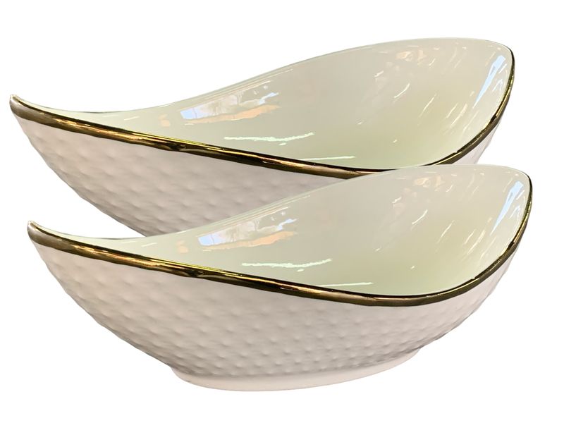 Quality White Twisted Embossed Bowl With Gold Rim 20x10x7cm (2pc)
