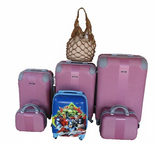 5-Piece Pink ABS Luggage Set with Spinner Wheels, Avengers Case &amp; Mesh Bag