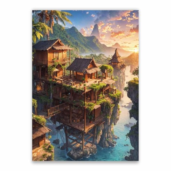 Asian Coastal Huts Poster - A1