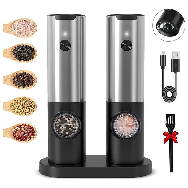 Rechargeable Electric Salt And Pepper Grinder Set With Charging Base